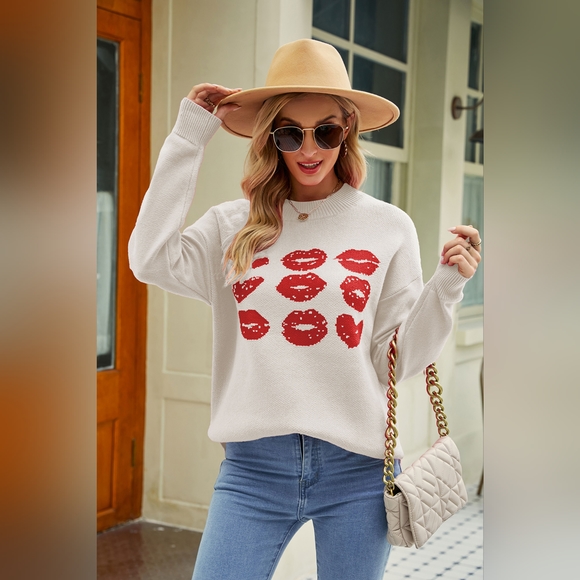 Contrast Lip Pattern Round Neck Slit Sweater--SALE!! SALE!! - Picture 1 of 4